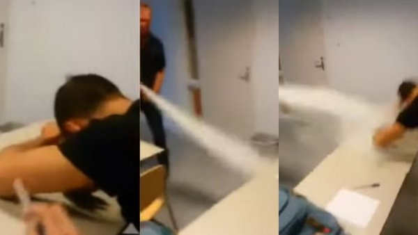 Se durmió en clases y el profesor lo despertó con un extintor