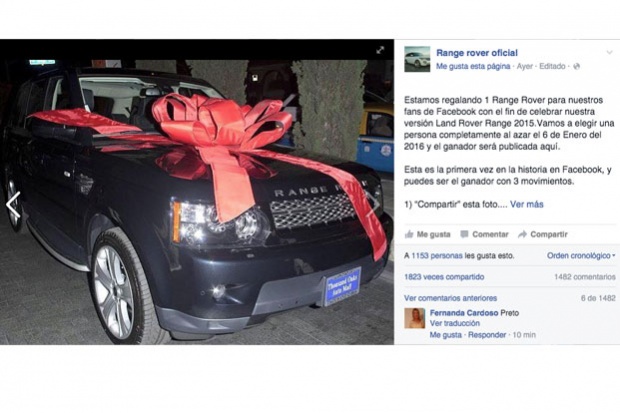 ¿Compartiste foto del sorteo de una camioneta Range Rover? Inocente palomita