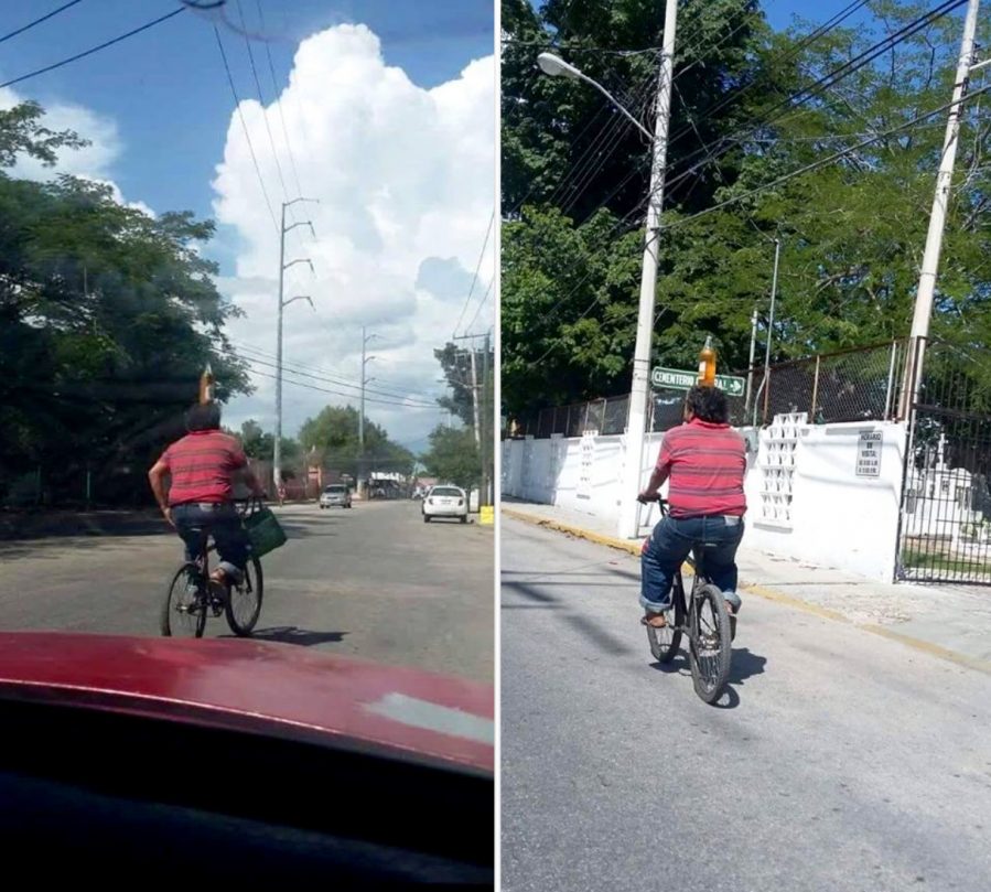 Furor en internet por ciclista transportando un misil en la cabeza