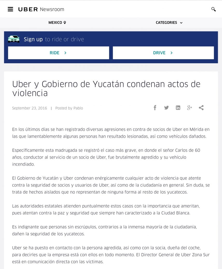 Uber y Gobierno de Yucatán condenan actos de violencia