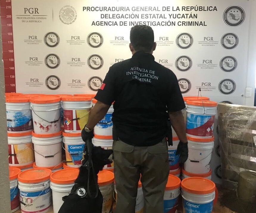 Envían a Mérida 1/2 tonelada de marihuana en cubetas de pintura