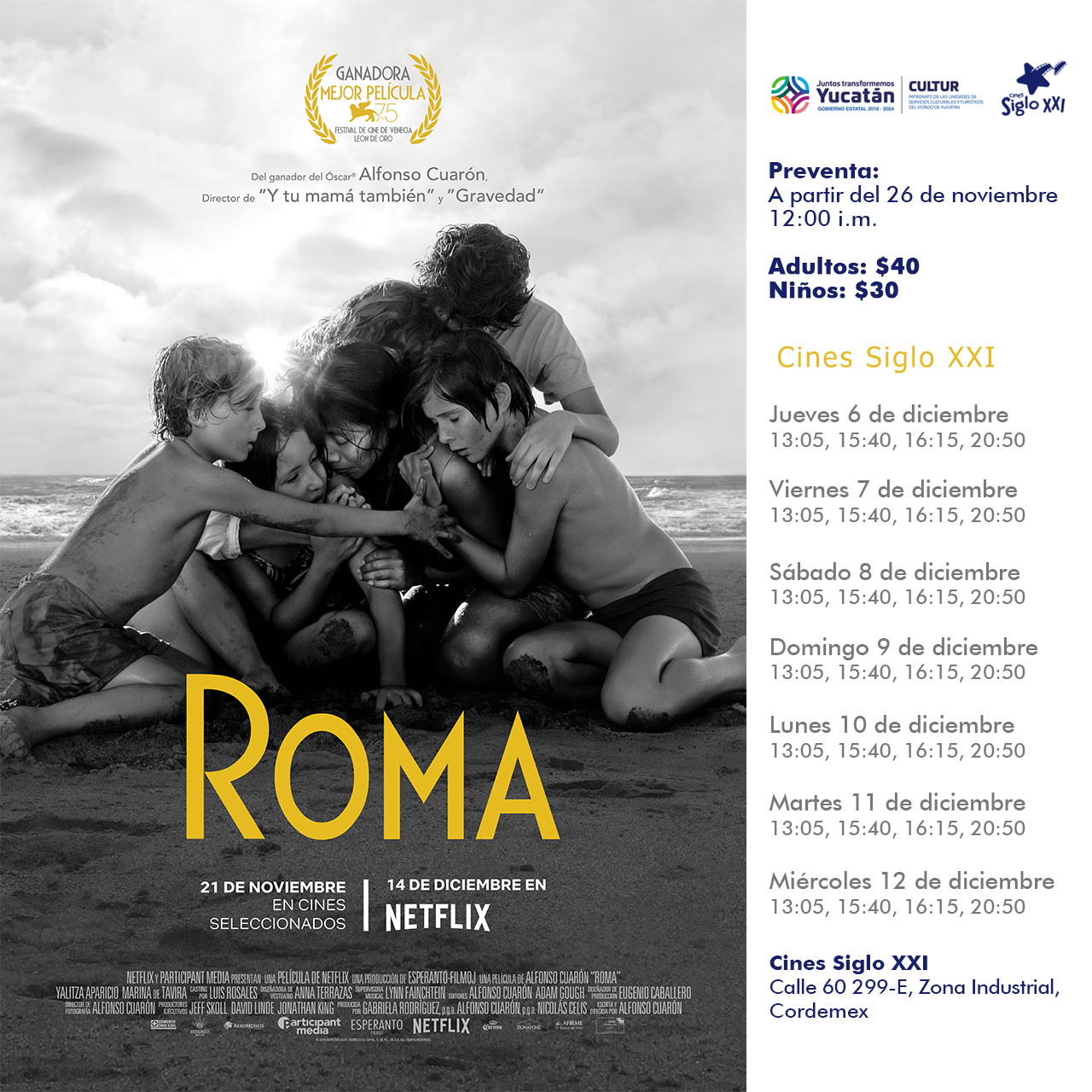 Roma, de Cuarón, se proyectará en Cines Siglo XXI