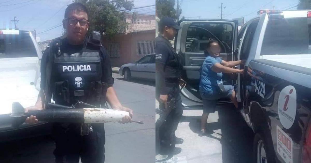 Mujer entrega un misil durante el programa de canje de armas