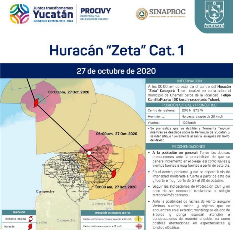 El huracán Zeta ingresó a Yucatán a la medianoche