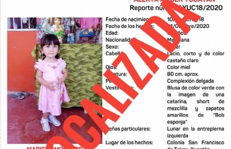 Localizan a niña de 2 años sustraída en Tekax