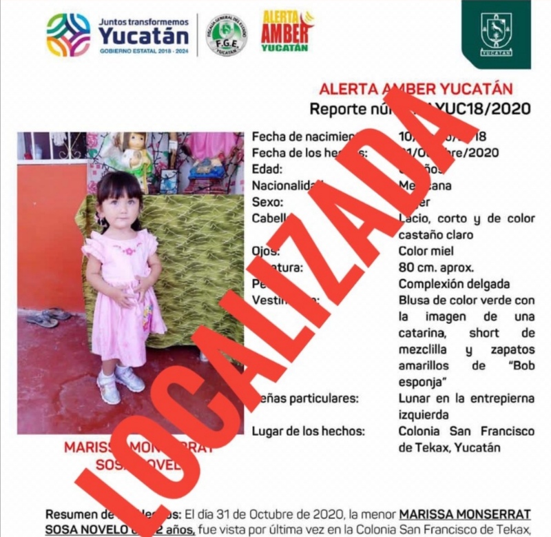 Localizan a niña de 2 años sustraída en Tekax