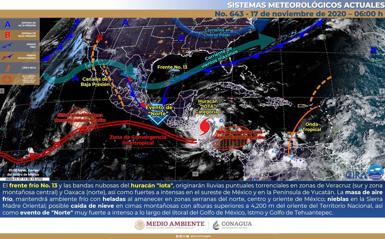 Lluvias en Yucatán por frente frío 13 y bandas nubosas de Iota: Conagua