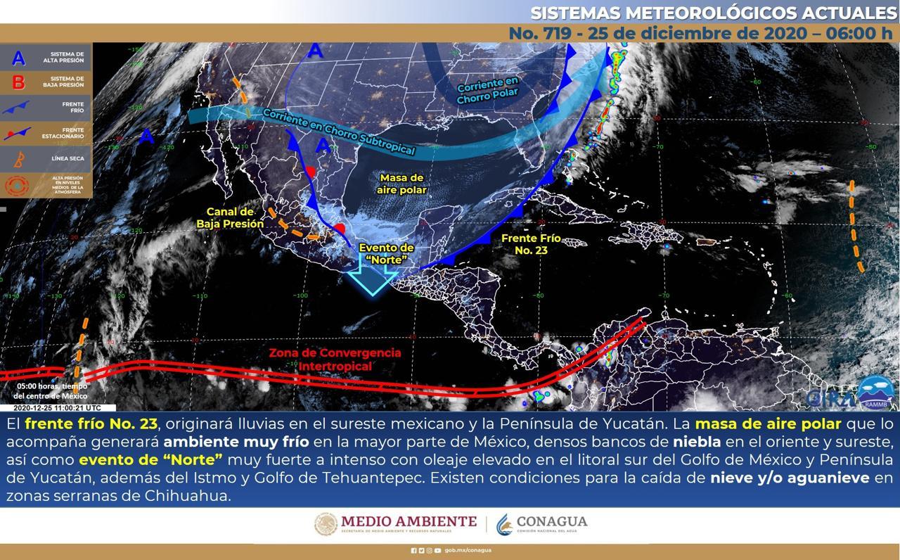 Continuarán este viernes de Navidad los efectos del frente frío 23 en Yucatán