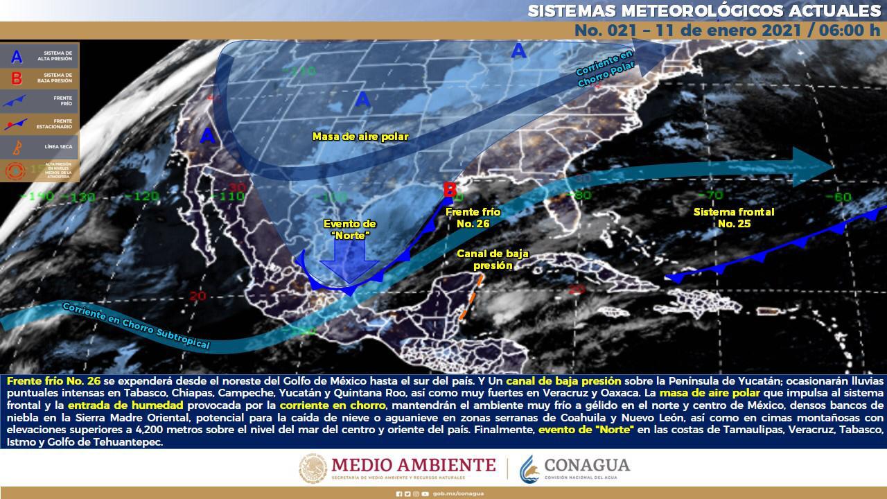 Frente frío 26 llega este lunes con lluvias en Yucatán