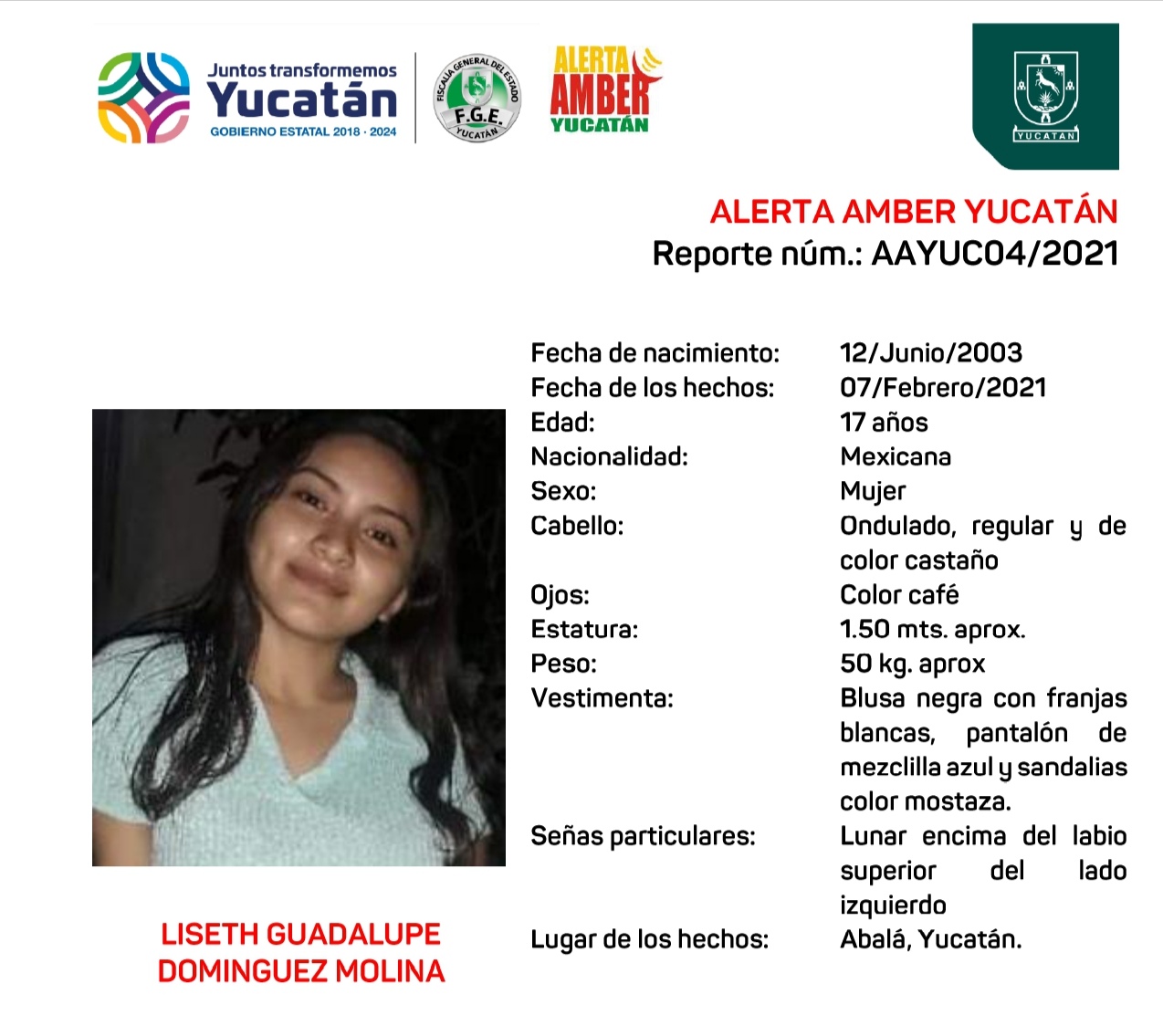 Reportan extraviada a adolescente yucateca de 17 años