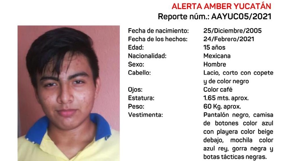 Emiten Alerta Amber por adolescente de 15 años desaparecido en Kanasín