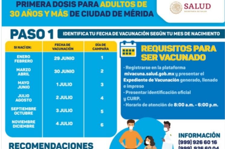Martes 29 de junio inicia en Mérida la vacunación qapersonas de 30 a 39 años