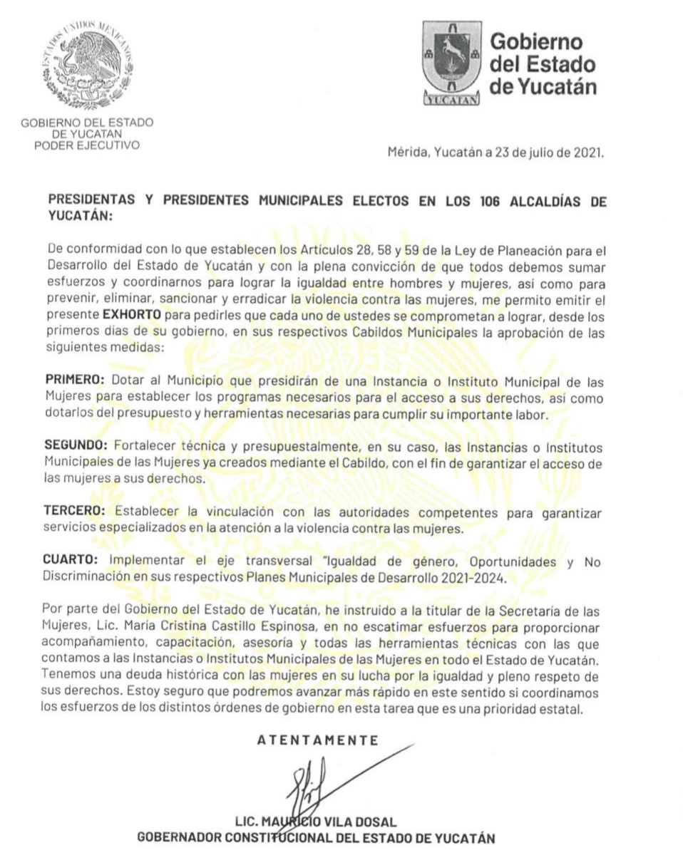 Exhorta Mauricio Vila  a los alcaldes electos de Yucatán a crear Institutos Municipales de la Mujer