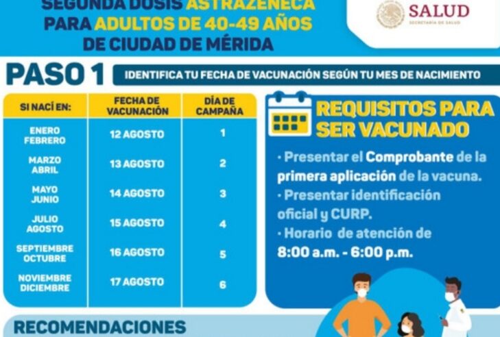 Del jueves 12 al martes 17 de agosto se vacunará a los cuarentones de Mérida