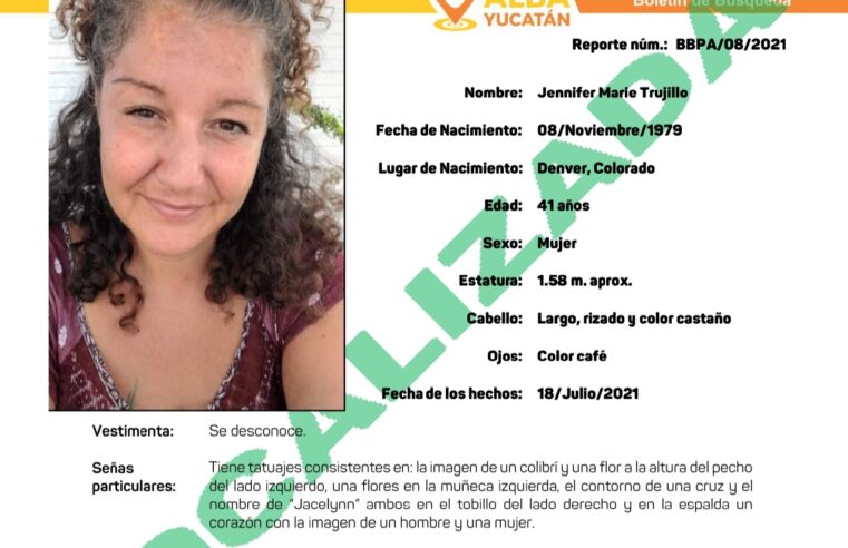 Localizan a estadounidense desaparecida en Yucatán