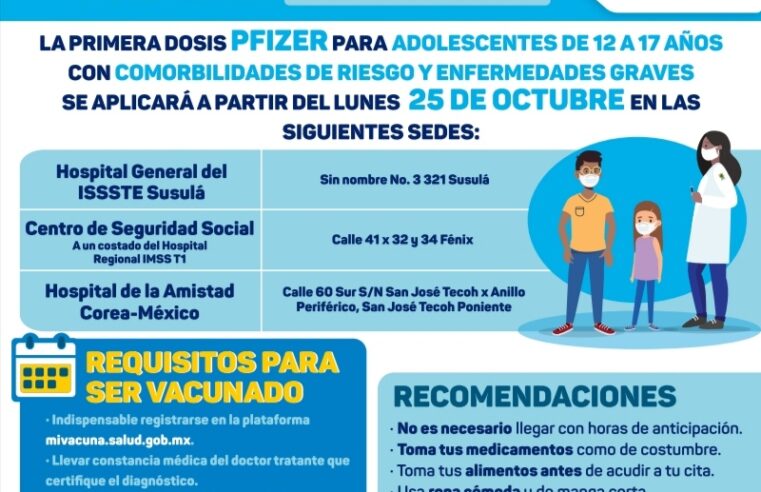 El lunes 25 vacunarán a  adolescentes de 12 a 17 años en Mérida