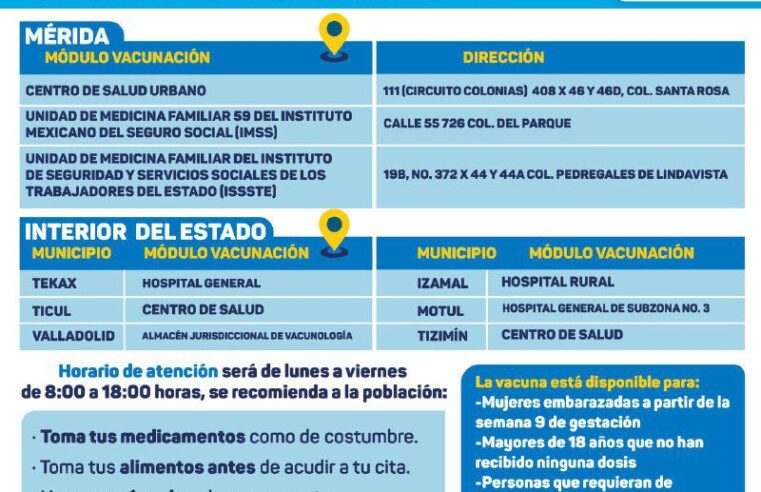 Vacunación permanentes contra Covid-19 en Yucatán