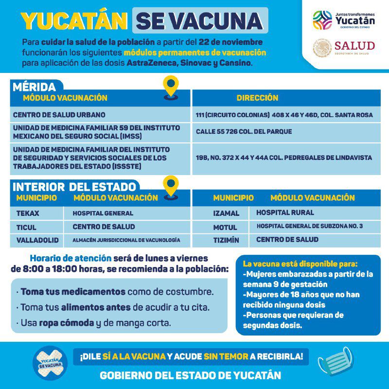 Vacunación permanentes contra Covid-19 en Yucatán