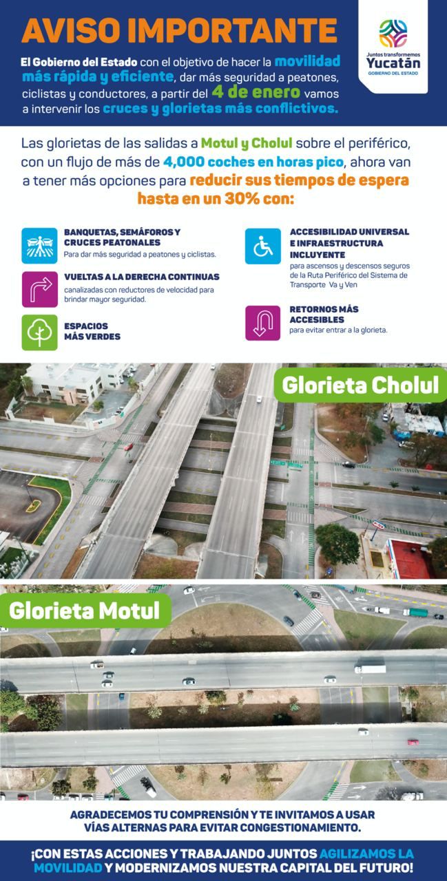 El martes 4 de enero inicia intervención en glorietas de las salidas a Motul y Cholul