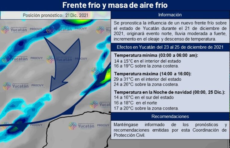 Frente frío con cambios de temperatura, lluvias y vientos, en días previos a Navidad