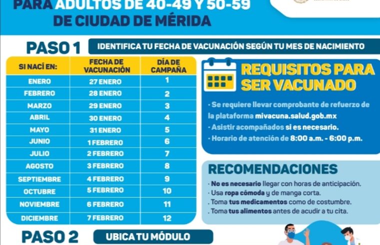 Del 27 de enero al 7 de febrero, se vacunarán los de 40 a 59 años de Mérida