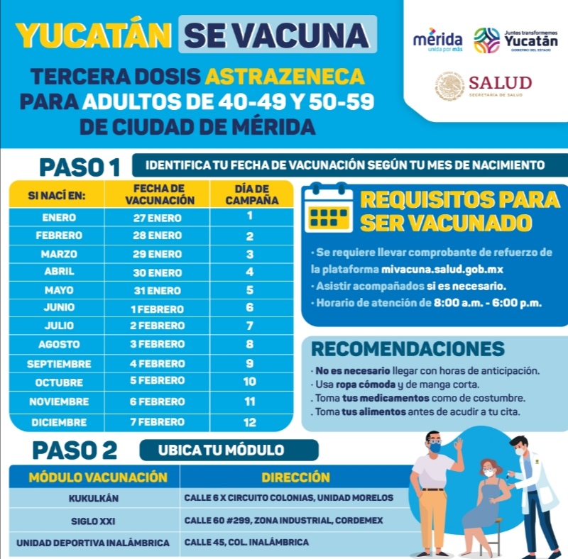 Del 27 de enero al 7 de febrero, se vacunarán los de 40 a 59 años de Mérida