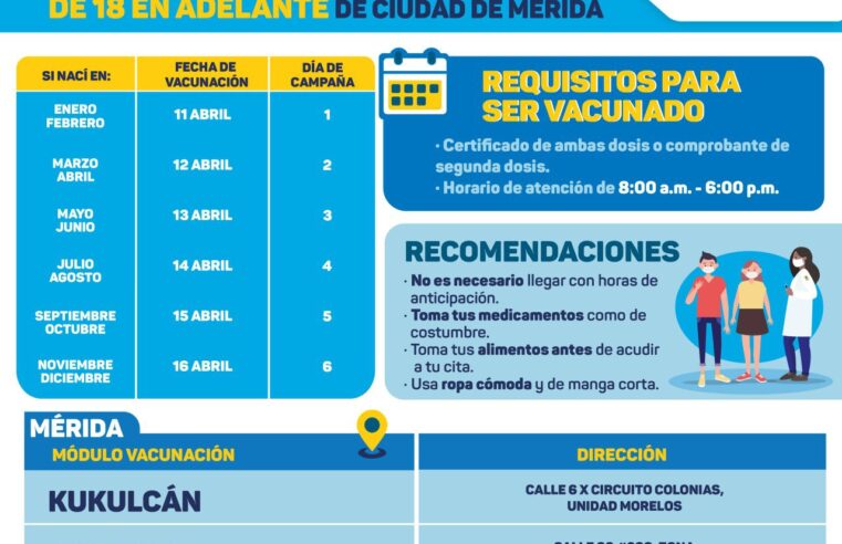 Vacunarán a los de 18 años o más en Mérida y 7 municipios más