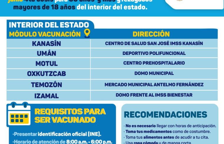 Aplicarán cuarta dosis anticovid para mayores de 60 años en 6 municipios
