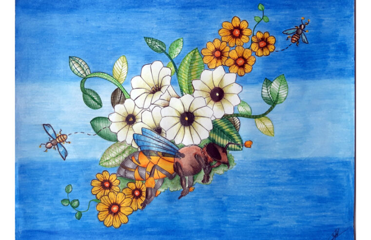 Niños enseñan al jurado en un concurso de dibujo sobre las abejas