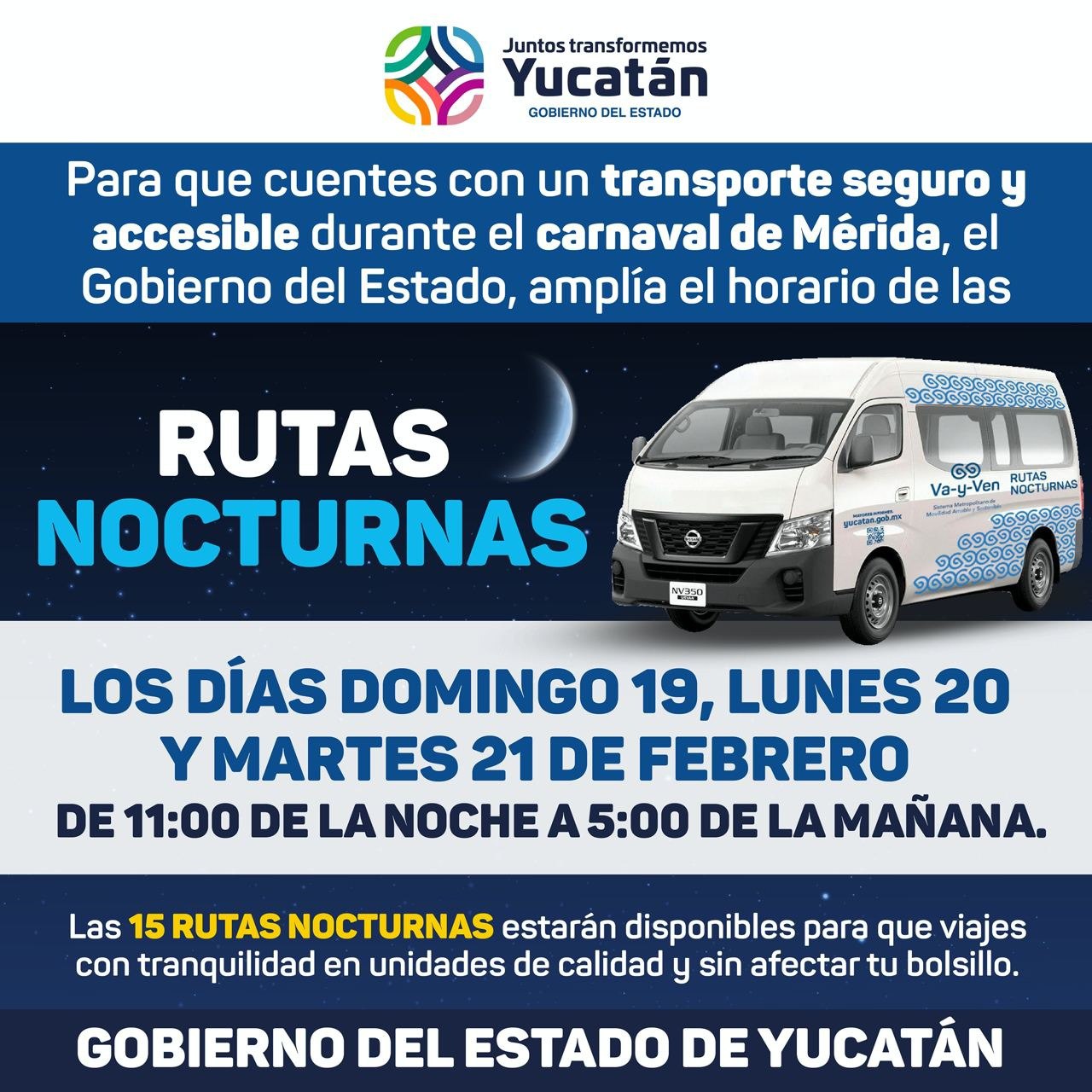 Rutas nocturnas extenderán sus servicios el domingo, lunes y martes de Carnaval