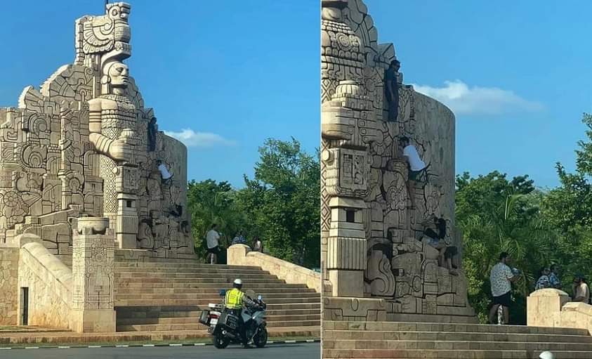 Turistas escalan el Monumento a la Patria de Mérida para tomarse fotos