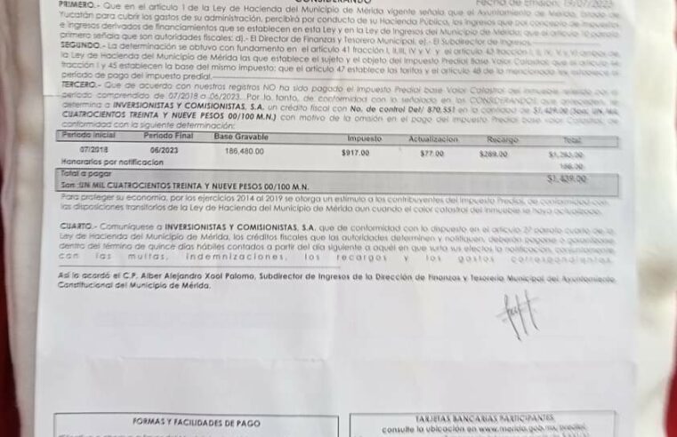 Ayuntamiento de Renán Barrera acosa a familia para que pague predial de empresa fantasma.