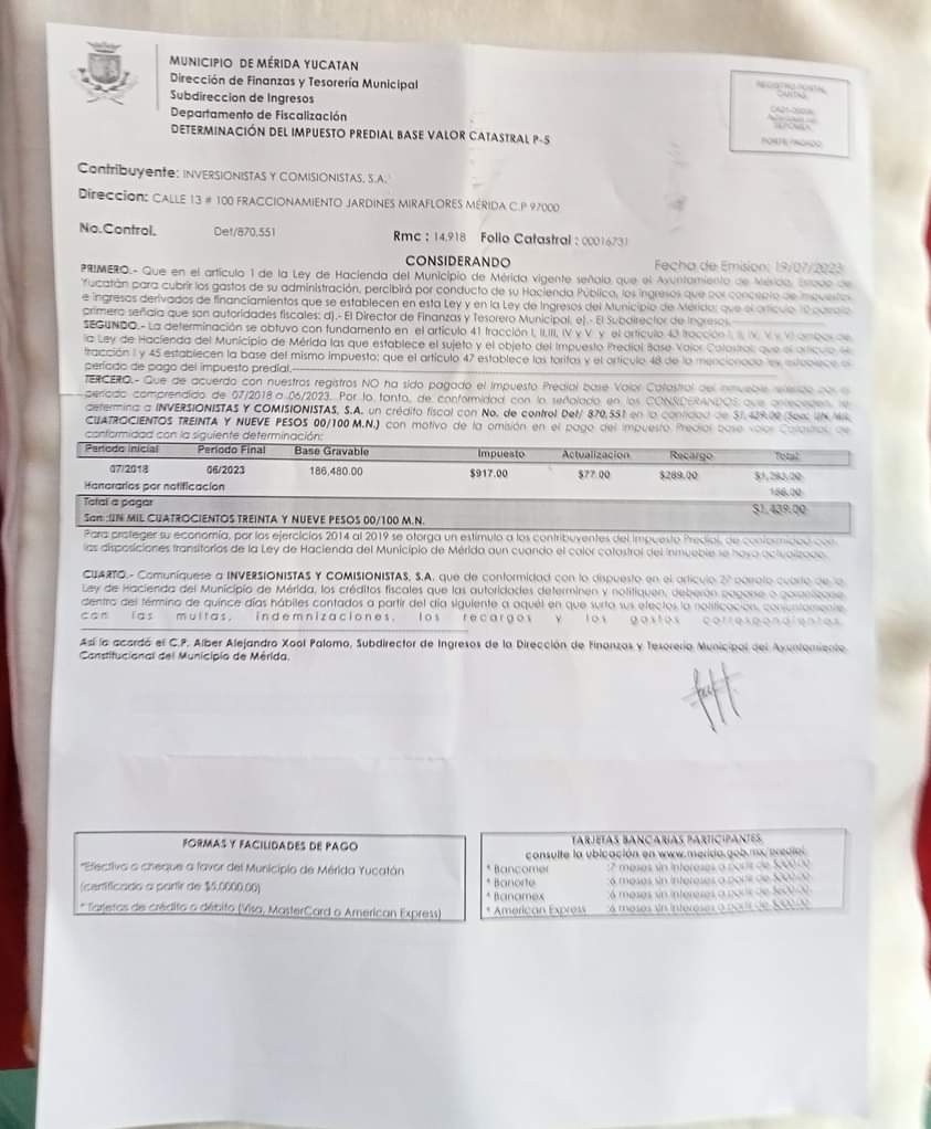 Ayuntamiento de Renán Barrera acosa a familia para que pague predial de empresa fantasma.