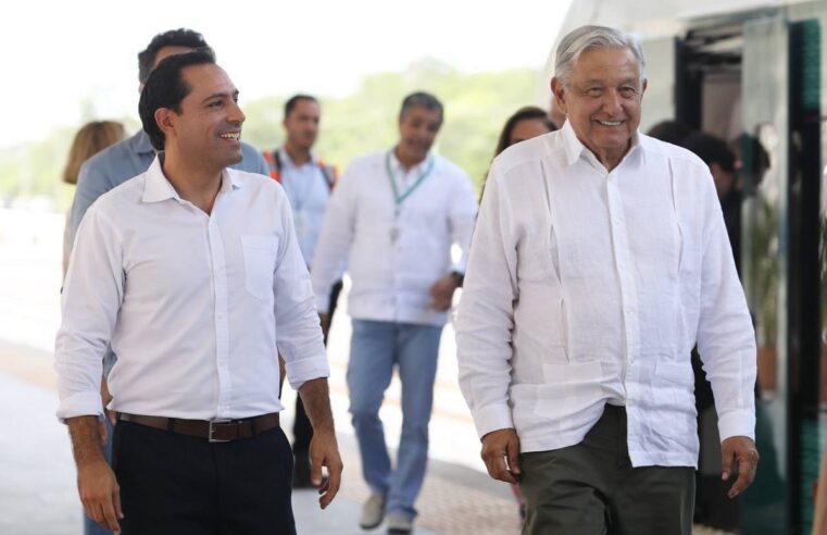 Mauricio Vila y AMLO hacen un nuevo recorrido a bordo del Tren Maya, de Valladolid a Teya