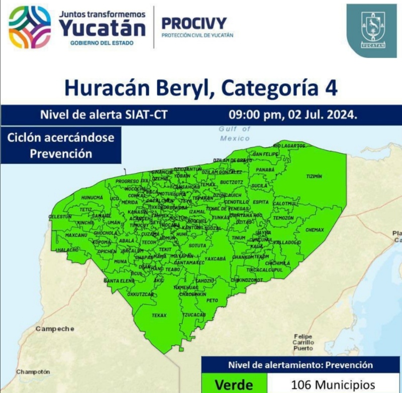 Emiten alerta verde y alistan refugios y logística de evacuación en Yucatán