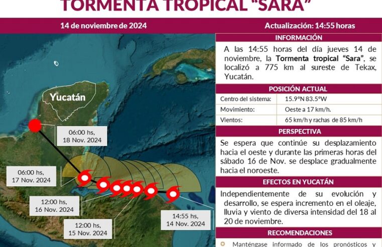 Tormenta tropical Sara dejará lluvias en Yucatán a partir del 18 de noviembre