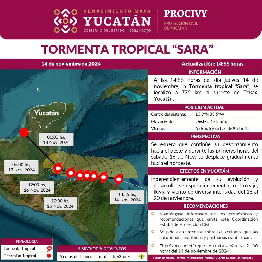 Tormenta tropical Sara dejará lluvias en Yucatán a partir del 18 de noviembre