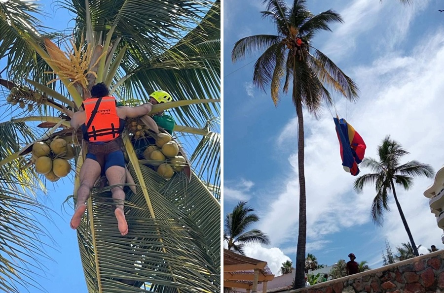 Turista queda atorado en una palmera tras practicar paracaidismo de playa