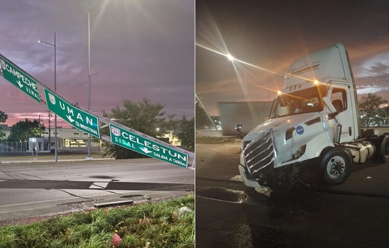 Tráiler derriba señalamiento y bloquea el Periférico cerca de la salida a Celestún
