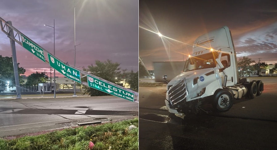 Tráiler derriba señalamiento y bloquea el Periférico cerca de la salida a Celestún