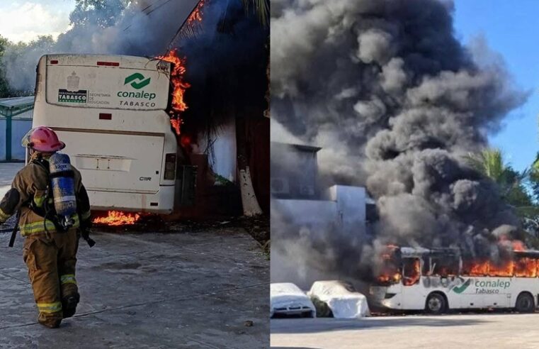 Chamacos del Conalep en Tabasco queman un autobús porque no les pagan sus becas