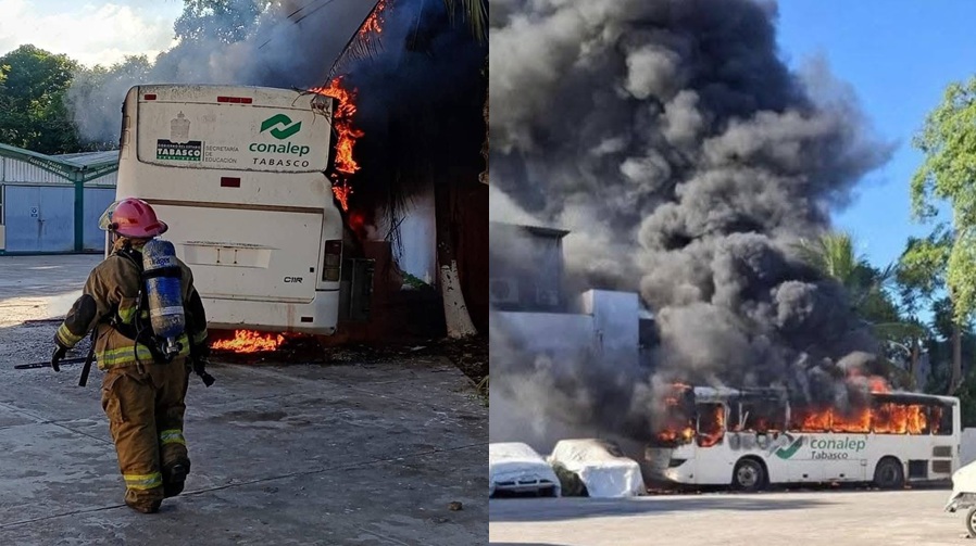 Chamacos del Conalep en Tabasco queman un autobús porque no les pagan sus becas