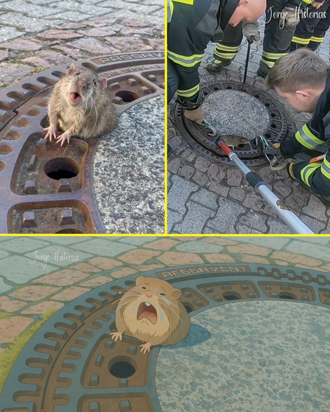 Rescatan una rata gorda atorada en la tapa de una alcantarilla