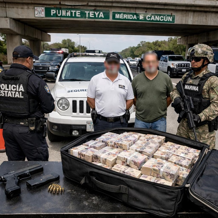Aseguran $12 millones y detienen a dos pistoleros en retén de la Merida-Cancún