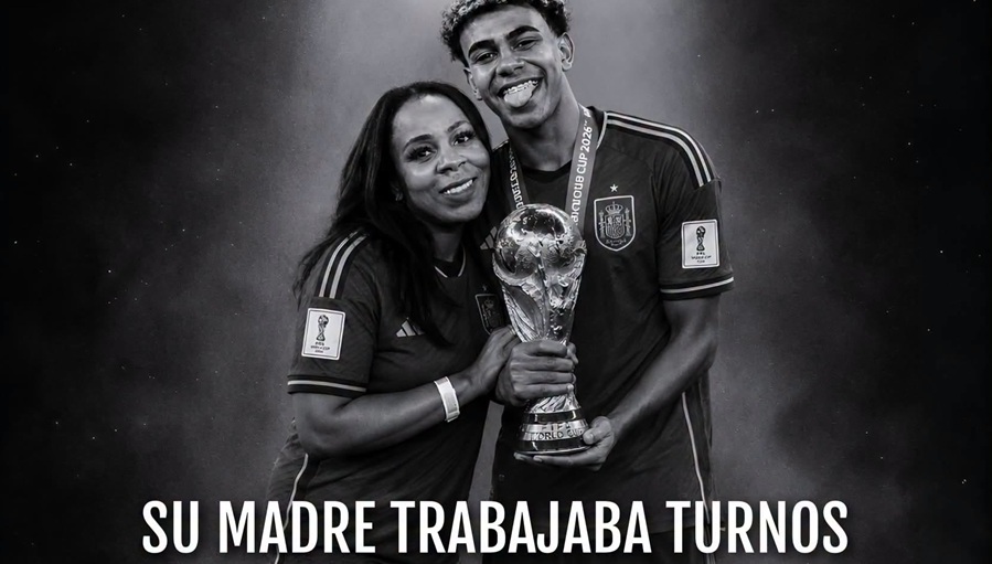 Lamine comparte su éxito con su madre, quien trabajaba doble turno para comprarle sus botines